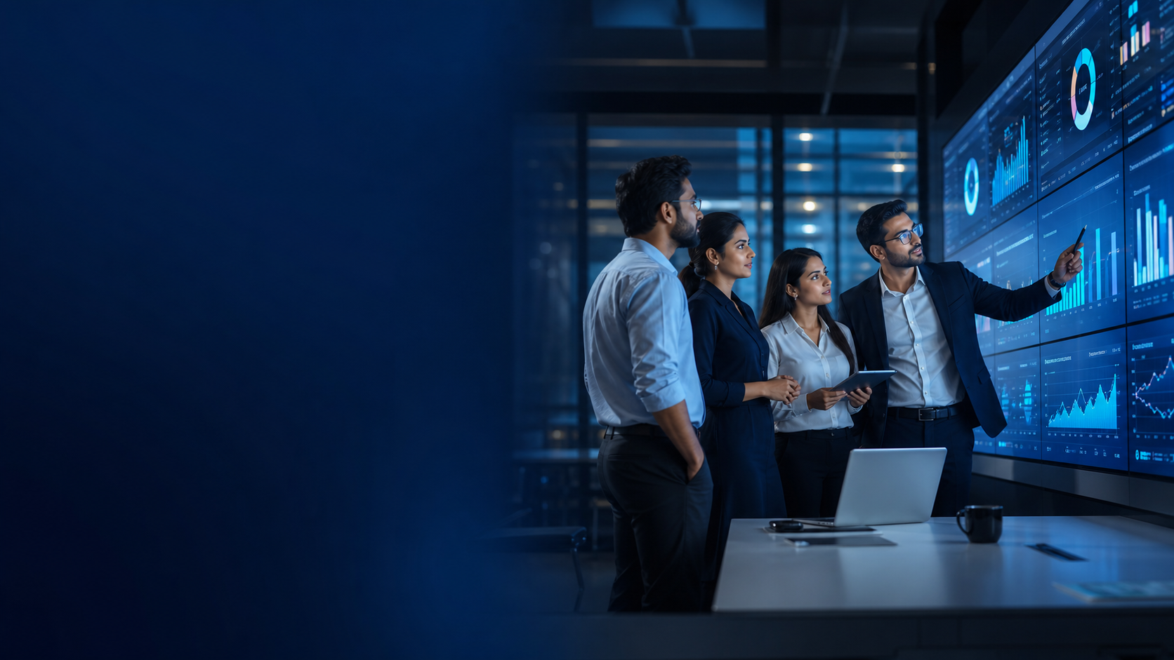 Technology consultants reviewing successful digital project outcomes